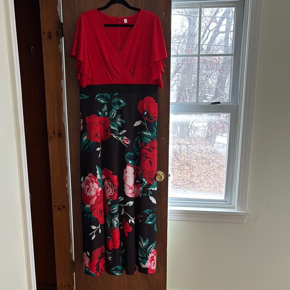 Red and Black A-line Maxi Dress with Flutter Sleeves